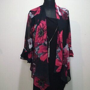 R&K Black Asymmetrical Dress Red & Gray Kimono Cape & Detachable Necklace NWT 10